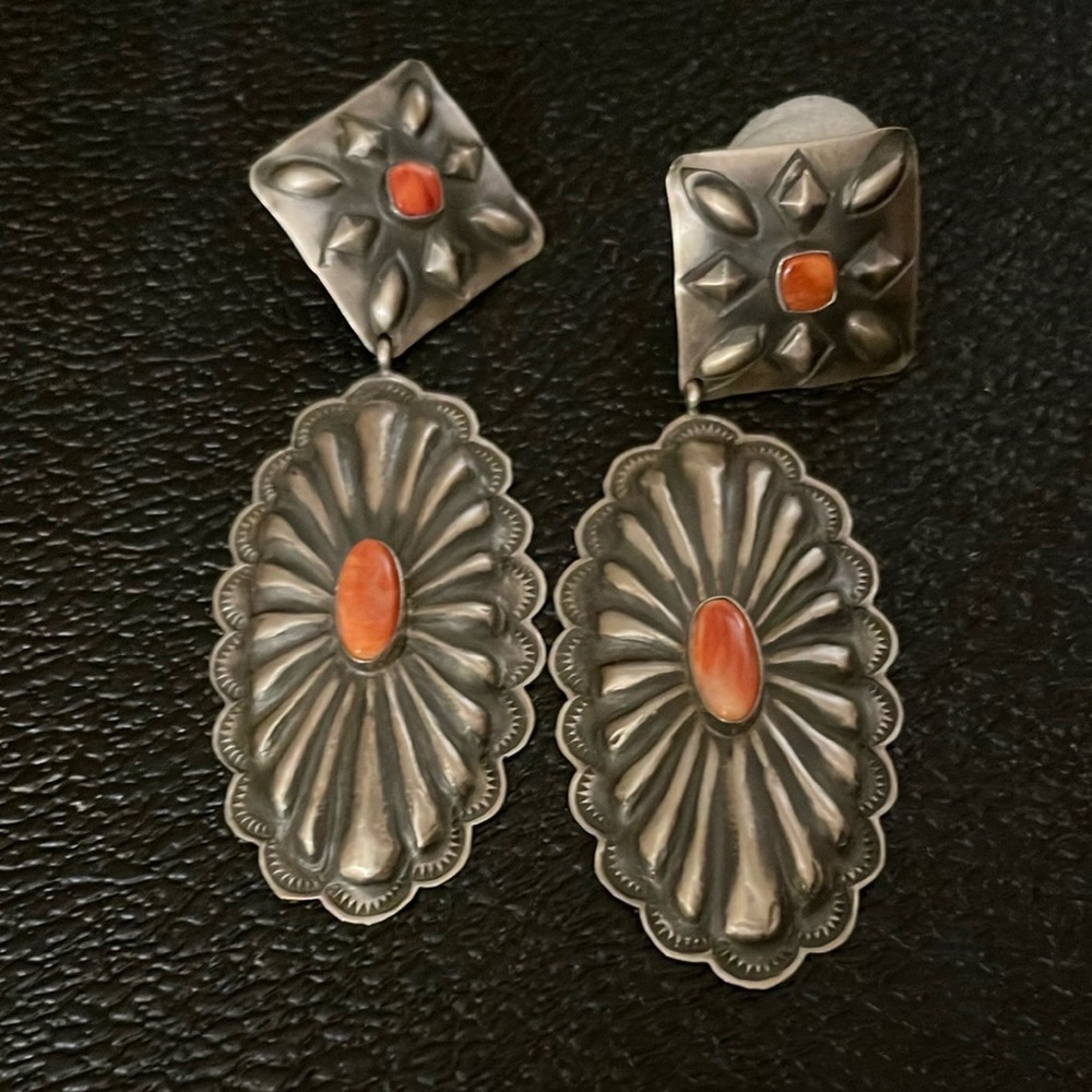 Modern Native American earrings, orange spiny oyster set in sterling silver
